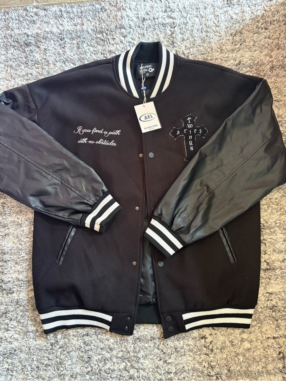 Unbranded Men's Black Varsity Jacket with Striped Trim